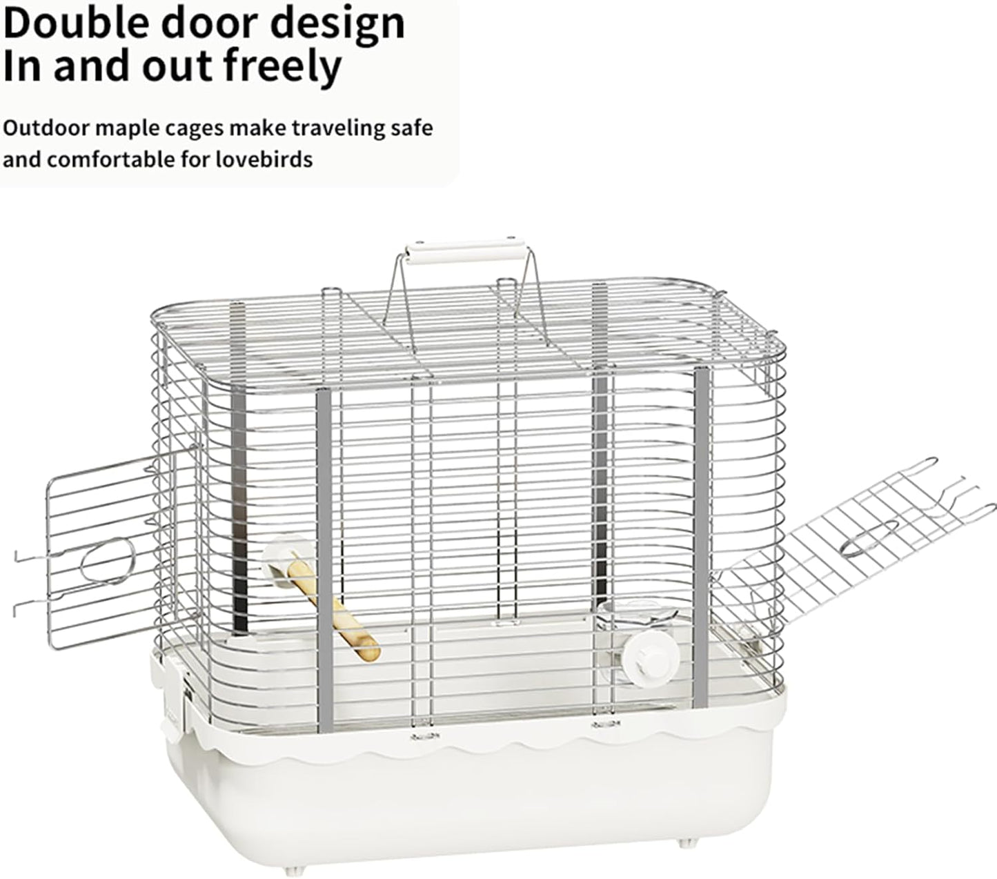 Bird Carrier Travel Cage, Durable Portable Stainless Steel Birdcage with Bird Perch & Feeding Bowl for Parrots Canaries Budgies Lovebirds Conures Cockatiels (Large White)