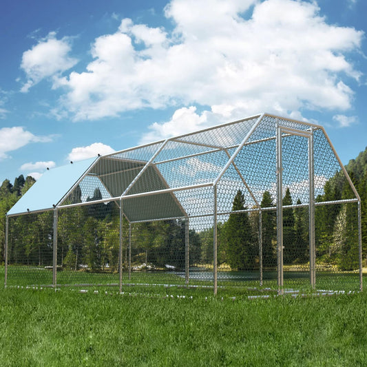 4ever2buy 1.26’’ Large Metal Chicken Coop Run Walk in, Chicken Pen for Chickens, Outdoor Chicken Runs Coops, Flat Roofed Chicken Runs for Yard with Anti-Ultraviolet Cover (9.2’L x18.7’Wx 6.4’H)