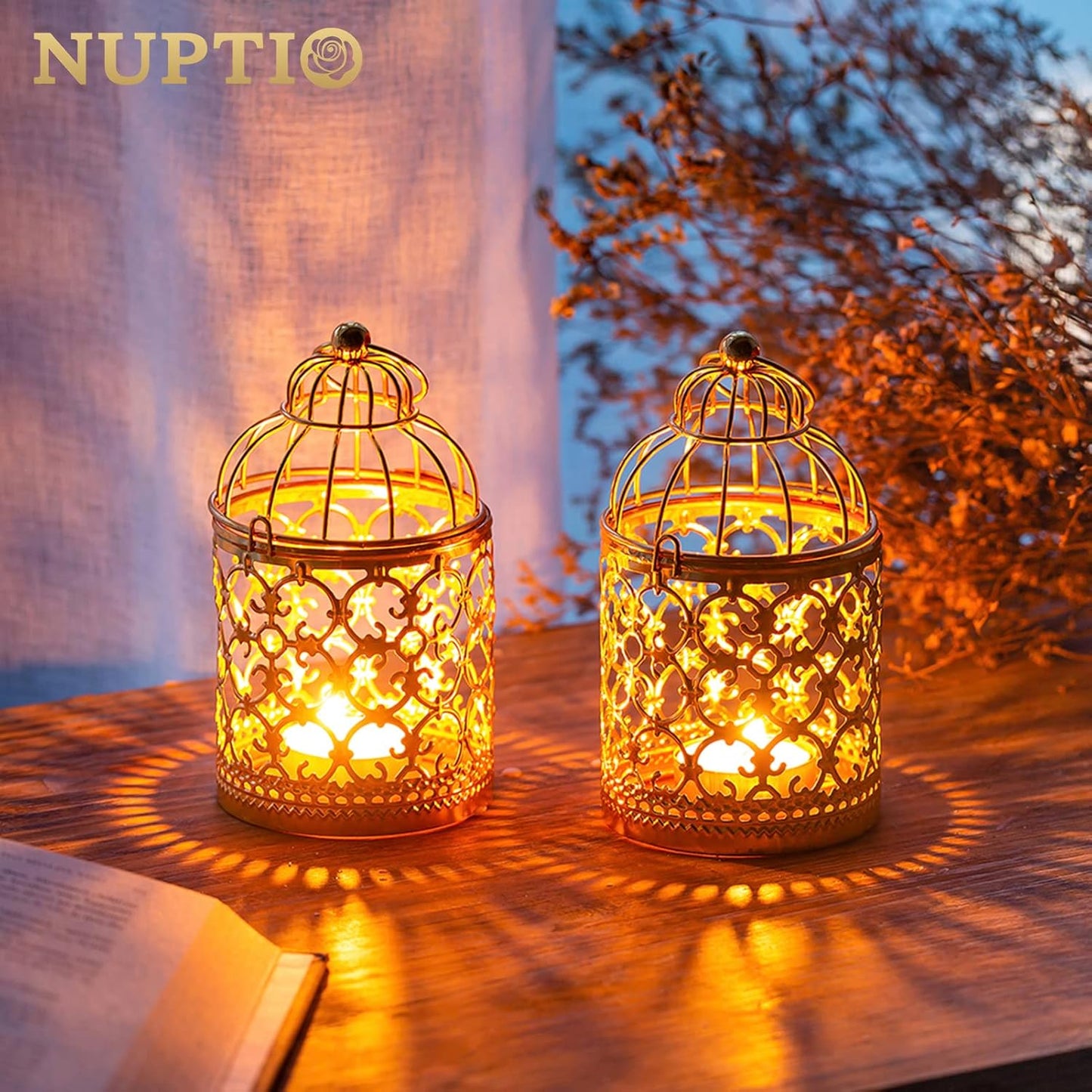 2 Pcs Small Metal Tealight Hanging Birdcage Lantern, Vintage Decorative Centerpieces of Wedding, Party, Gold