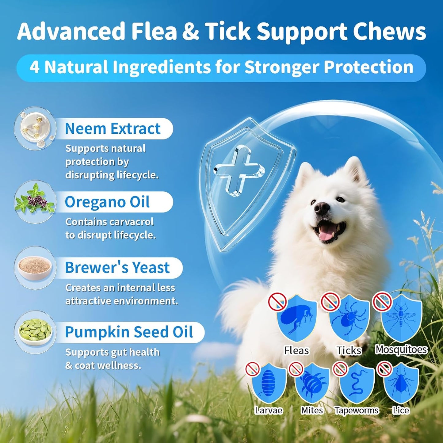 Dog Flea and Tick Support Chewable, Natural Dog Flea Comfort Supplement, Oral Chews with Neem, Oregano Oil, Pumpkin Seed Oil & Brewer's Yeast – 135 Soft Chews, Chicken Flavor – for All Breeds & Sizes